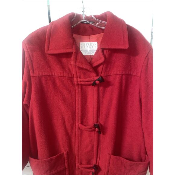 Vtg 80s American Bazaar Women's Red Lined Button Front Trench Pea Coat Large - Picture 2 of 10